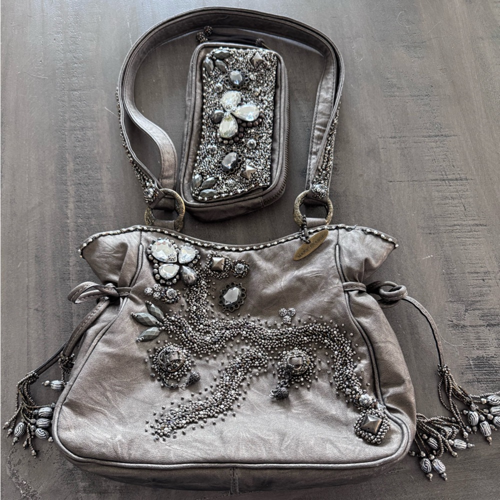 Mary Frances Beaded Silver Shoulder Bag